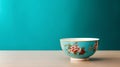 Empty ceramic bowl on wooden table over turquoise background. Mock up, 3D Rendering