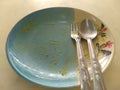 Empty ceramic dish with chicken tracery on the dish spoon and fork on top view. After meal Royalty Free Stock Photo