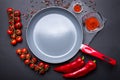 Empty ceramic pan with fresh vegetables in red color around: tomatoes and peppers. Grey kitchenware with a red handle on the dark Royalty Free Stock Photo