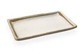 Empty ceramic plate with brown edge, Rectangular plate isolated on white background with clipping path, Side view