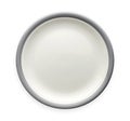 Empty ceramic plate with gray pattern edge, White round plate with grey rim, View from above isolated on white background