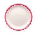 Empty ceramic plate with pink pattern edge, White round plate with pink rim, View from above isolated on white background