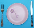 Empty ceramic round pink plate and metal knife with fork Royalty Free Stock Photo