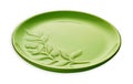 Empty ceramics plates, Green plate with floral pattern, isolated on white background with clipping path, Side view Royalty Free Stock Photo