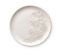 Empty ceramics plates, White plate with floral pattern, View from above isolated on white background with clipping path