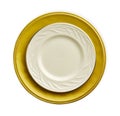 Empty ceramics plates, White plate on yellow plate isolated on white background with clipping path, Top view