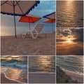 Empty chair stand on beach under opened umbrella sunset time collage of toned images