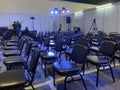 Empty chairs await guests and participants of the world trade exposition of food products packaging conference