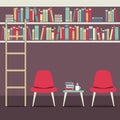 Empty Chairs Under Bookshelves