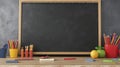 Empty chalkboard on desk with school supplies Royalty Free Stock Photo