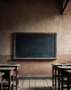 Empty chalkboard in a rustic classroom setting.