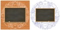 Empty chalkboard on school supplies background. Blank blackboard background. Back t school concept vector banner. Write Royalty Free Stock Photo