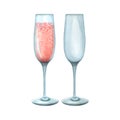 An empty champagne glass and a full one with pink champagne. Watercolor illustration. Isolated objects from a large set