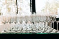 Empty Champagne glasses closeup, Wedding reception alcohol drink table