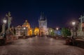 Empty Charles Bridge in the center of Prague during first wave of Covid-19 pandemy in the night with blue sky and yello