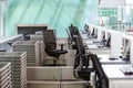 Empty check-in counters at airport terminal due to coronavirus pandemic/Covid-19 outbreak travel restrictions. Lockdown, financial Royalty Free Stock Photo