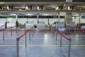 Empty check-in counters at Pulkovo airport terminal due to coronavirus pandemic Covid-19 outbreak travel restrictions Royalty Free Stock Photo