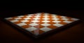 Empty chess board with brown and white squares on a dark brown surface on a black background. 3D Illustration Royalty Free Stock Photo