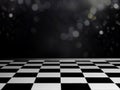 Empty chessboard background floor pattern in perspective on dark background.