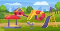 Empty children outdoor playground in city park or schoolyard. Cartoon kindergarten play area with slide, swing, sandbox Royalty Free Stock Photo