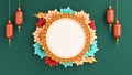 Empty Chinese Circular Frame Decorated With Beautiful Flowers, Golden Clouds And Lanterns Hang On Green Background. 3D Royalty Free Stock Photo