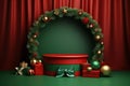 An empty Christmas product display podium with festive wreath decorations