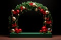 An empty Christmas product display podium with festive wreath decorations