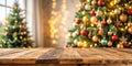 Empty christmas table background with christmas tree out of focus for product display montage Royalty Free Stock Photo