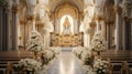Empty church decorated with flowers for a wedding ceremony