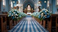 Empty church decorated with flowers for a wedding ceremony