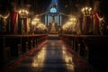 empty church illuminated by christmas lights