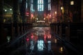 empty church illuminated by christmas lights