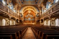 Empty church with pews and chandeliers