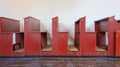 Empty church pews lined up Royalty Free Stock Photo