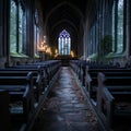 an empty church with rows of pews and stained glass windows Royalty Free Stock Photo