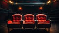 Empty cinema auditorium with red seats and spotlights. Cinema concept.Generative AI Royalty Free Stock Photo