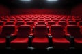 Empty cinema auditorium with rows of red seats. 3d render, Bright empty red seats in cinema rows, AI Generated Royalty Free Stock Photo