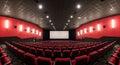 Empty Cinema Auditorium with Red Seats and Large White Screen movie theater Royalty Free Stock Photo
