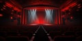 Empty Cinema Interior With Red Seats And Illuminated Stage Red Curtain. Viewed Over Stage. Generative AI Royalty Free Stock Photo