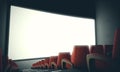 Empty cinema screen with red seats. With color filter, wide. 3d render