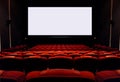 Empty cinema seats with blank white screen