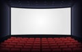 Empty cinema theatre. Film presentation scene with red chairs and white empty screen. Movie theatre empty scene vector Royalty Free Stock Photo