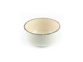Empty circle beige ceramic bowl with brown rim and white small pattern isolated on a white background. Royalty Free Stock Photo