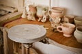 An empty circle, where the potter molds product. Creative studio potter. Royalty Free Stock Photo