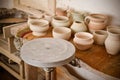 An empty circle, where the potter molds product. Creative studio potter. Royalty Free Stock Photo