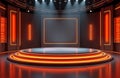 Empty circular platform with LED lights serves as futuristic TV game show stage. Modern studio set. Virtual show template Royalty Free Stock Photo