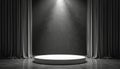 Empty circular platform on stage floor. Dark textured wall with spotlight beam and grey curtains frame scene. Ready for Royalty Free Stock Photo