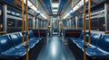 Empty City Bus Interior At Night With Bright Blue Seats And \