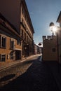 Empty city Ceske Budejovice street in morning light. Czech republic