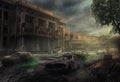 An empty city with a foreground for a long abandoned car wreck, and a background of old damaged buildings